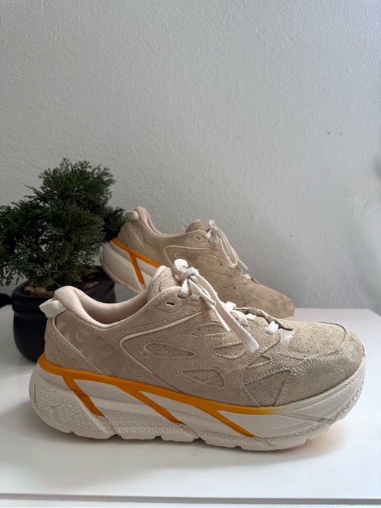 Hoka Other - Hoka Clifton L men size 8.5  Beige Suede Athletic Sneakers with Yellow Accent